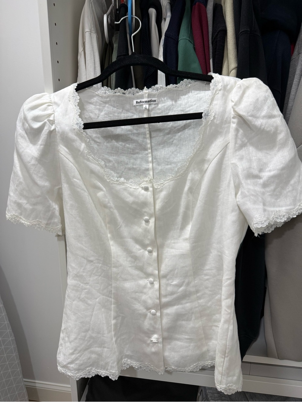 Reformation White Lace-Trim Puff Sleeve Button-Up Blouse